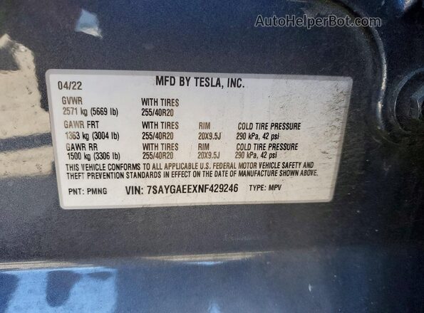 7SAYGAEEXNF429246 2022 TESLA MODEL Серый Вид наклейки с VIN-кодом