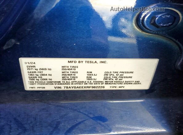 7SAYGAEEXRF982226 2024 TESLA MODEL Blue VIN sticker view
