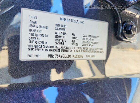 7SAYGDED1TA603062 2026 TESLA MODEL Серый Вид наклейки с VIN-кодом