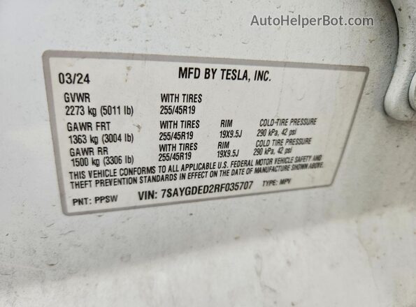7SAYGDED2RF035707 2024 TESLA MODEL White VIN კოდის სტიკერის ხედი