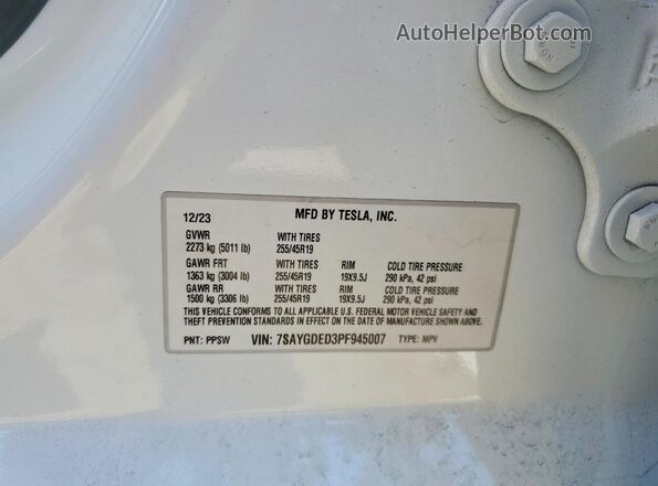 7SAYGDED3PF945007 2023 TESLA MODEL White ძრავის განყოფილების ხედი
