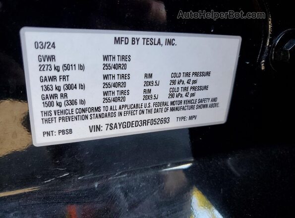 7SAYGDED3RF052693 2024 TESLA MODEL Black ძრავის განყოფილების ხედი