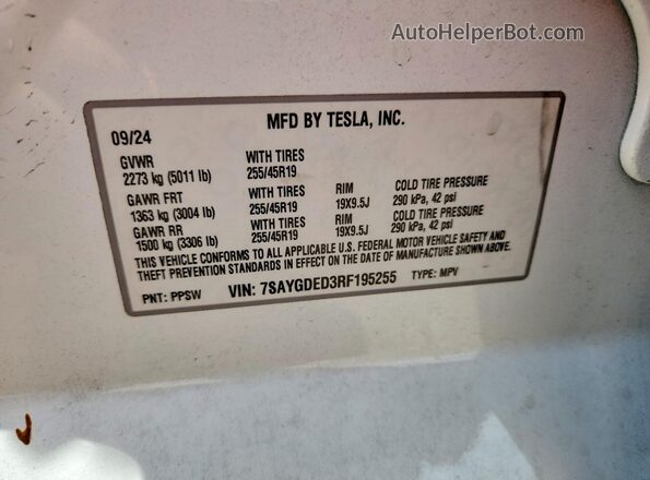 7SAYGDED3RF195255 2024 TESLA MODEL Белый Панорамный вид салона 360°