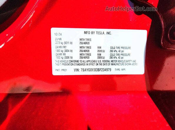 7SAYGDED3SF234979 2025 TESLA MODEL Red VIN კოდის სტიკერის ხედი