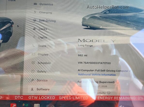 7SAYGDED3TA717130 2026 TESLA MODEL Gray Widok zestawu wskaźników