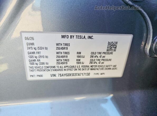 7SAYGDED3TA717130 2026 TESLA MODEL Gray Widok naklejki z numerem VIN