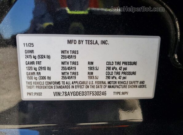 7SAYGDED3TF530246 2026 TESLA MODEL Черный Вид наклейки с VIN-кодом