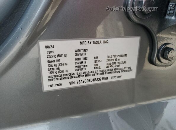 7SAYGDED4RA321930 2024 TESLA MODEL Gray VIN კოდის სტიკერის ხედი