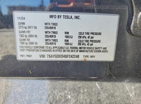 7SAYGDED4SF242248 2025 TESLA MODEL Серый Вид наклейки с VIN-кодом
