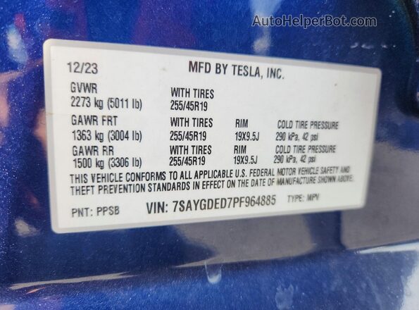 7SAYGDED7PF964885 2023 TESLA MODEL Синий Вид наклейки с VIN-кодом