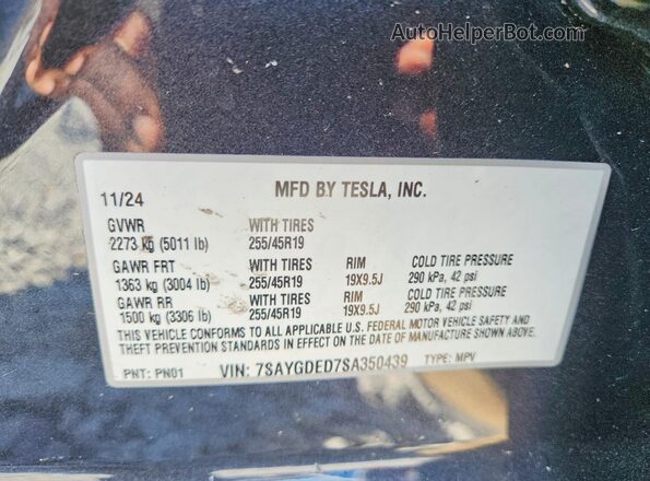 7SAYGDED7SA350439 2025 TESLA MODEL Черный Вид наклейки с VIN-кодом