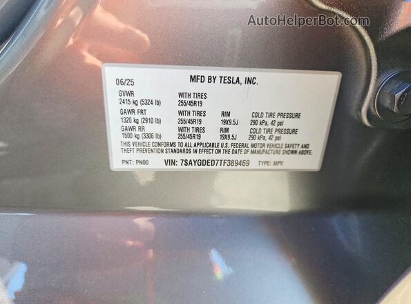 7SAYGDED7TF389469 2026 TESLA MODEL Silver VIN կոդի պիտակի տեսք