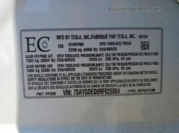 7SAYGDED8RF025084 2024 TESLA MODEL Белый Вид подкапотного пространства
