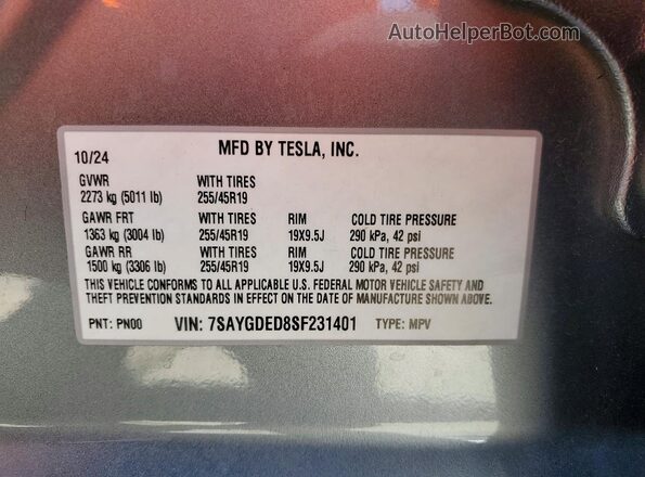 7SAYGDED8SF231401 2025 TESLA MODEL Белый Панорамный вид салона 360°