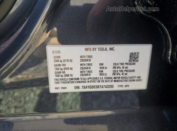 7SAYGDED8TA743285 2026 TESLA MODEL Charcoal Вид наклейки з VIN-кодом