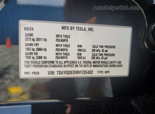 7SAYGDED9RF205402 2024 TESLA MODEL Black VIN კოდის სტიკერის ხედი