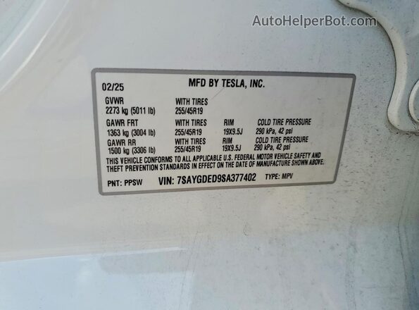 7SAYGDED9SA377402 2025 TESLA MODEL White Widok komory silnika
