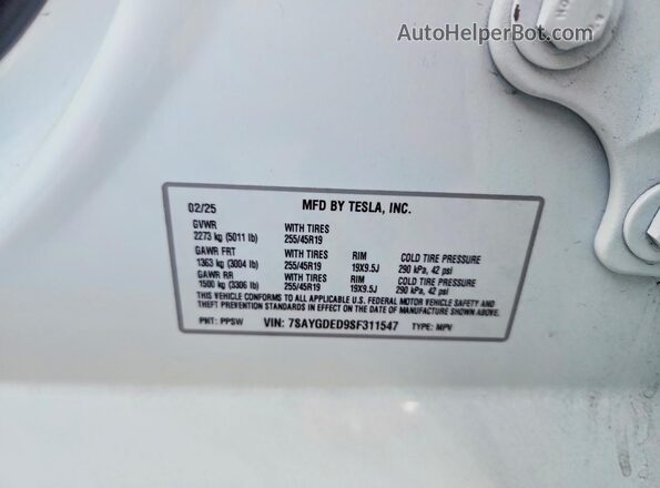 7SAYGDED9SF311547 2025 TESLA MODEL White ძრავის განყოფილების ხედი