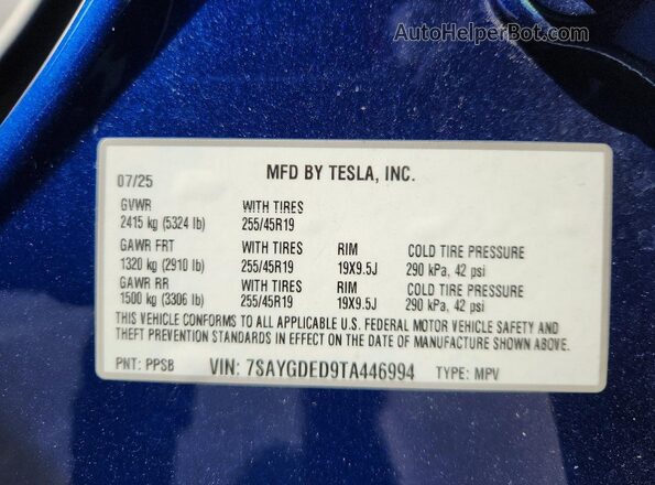 7SAYGDED9TA446994 2026 TESLA MODEL Blue VIN კოდის სტიკერის ხედი