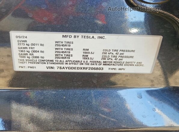 7SAYGDEDXRF206803 2024 TESLA MODEL Угольный Вид подкапотного пространства