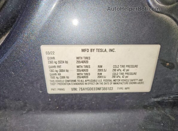 7SAYGDEE0NF386103 2022 TESLA MODEL Серый Вид наклейки с VIN-кодом