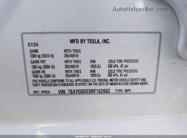 7SAYGDEE0RF152663 2024 TESLA MODEL Y Белый Вид подкапотного пространства