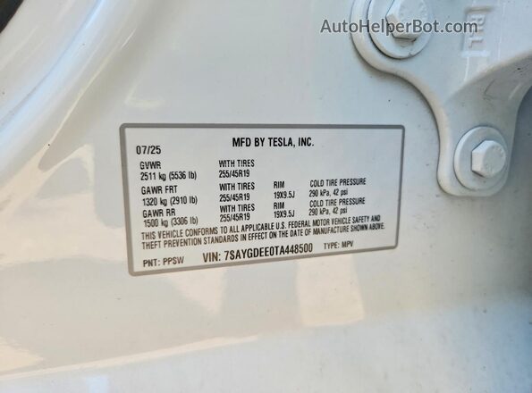 7SAYGDEE0TA448500 2026 TESLA MODEL White Вид наклейки з VIN-кодом