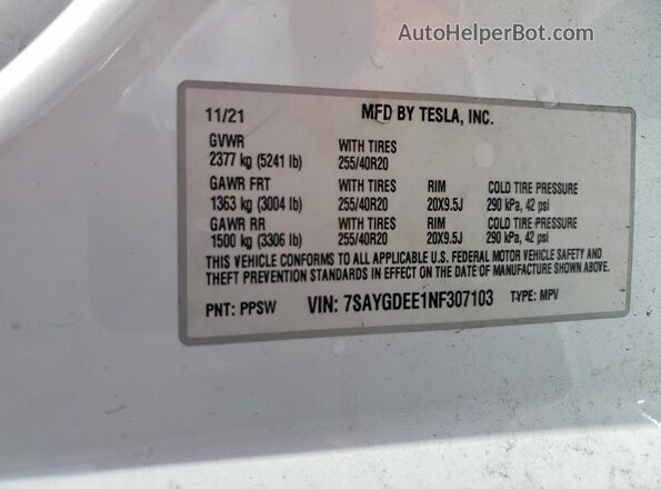 7SAYGDEE1NF307103 2022 TESLA MODEL Белый Панорамный вид салона 360°
