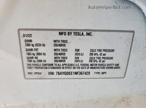 7SAYGDEE1NF367429 2022 TESLA MODEL White Vista de la etiqueta del VIN