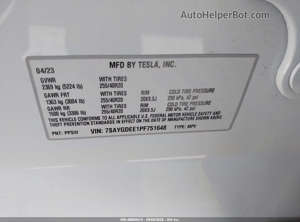 7SAYGDEE1PF751648 2023 TESLA MODEL Y White Շարժիչի բաժամունքի տեսք
