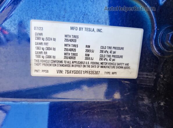 7SAYGDEE1PF835307 2023 TESLA MODEL Blue VIN sticker view