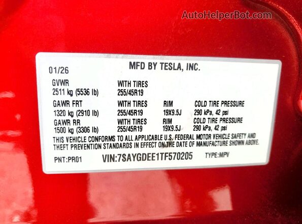 7SAYGDEE1TF570205 2026 TESLA MODEL Burgundy VIN կոդի պիտակի տեսք
