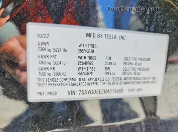 7SAYGDEE2NA019460 2022 TESLA MODEL Black Widok wnętrza 360 stopni