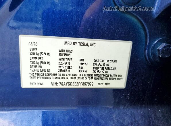 7SAYGDEE2PF857929 2023 TESLA MODEL Синий Вид наклейки с VIN-кодом
