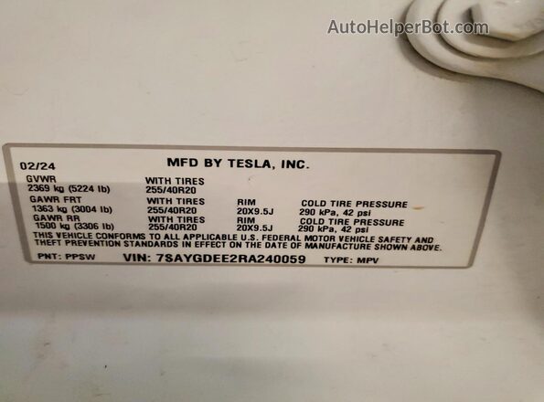 7SAYGDEE2RA240059 2024 TESLA MODEL White Engine compartment view