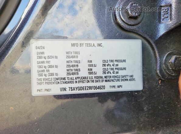 7SAYGDEE2RF064620 2024 TESLA MODEL Charcoal VIN კოდის სტიკერის ხედი
