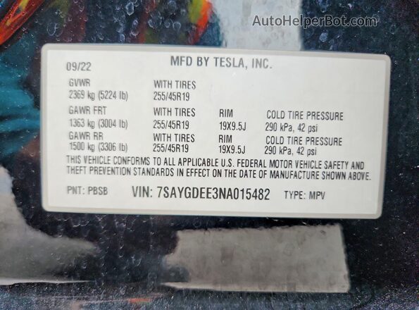 7SAYGDEE3NA015482 2022 TESLA MODEL Черный Вид наклейки с VIN-кодом