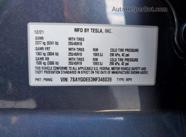 7SAYGDEE3NF348039 2022 TESLA MODEL Gray ძრავის განყოფილების ხედი