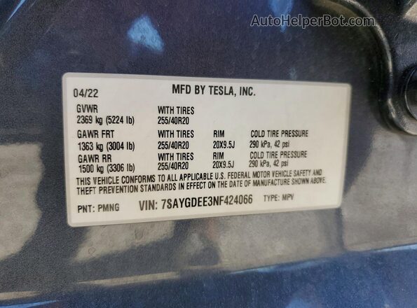 7SAYGDEE3NF424066 2022 TESLA MODEL Gray ძრავის განყოფილების ხედი