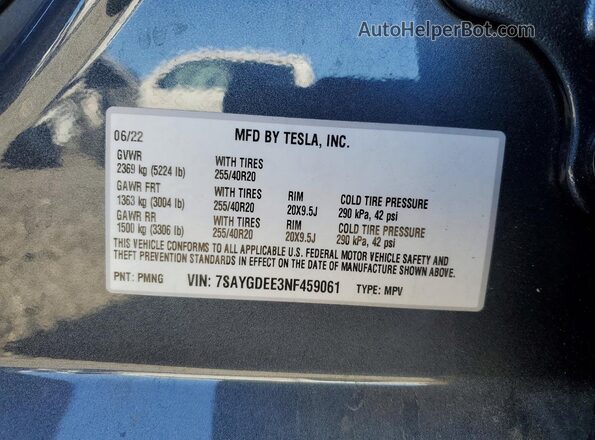 7SAYGDEE3NF459061 2022 TESLA MODEL Gray VIN sticker view