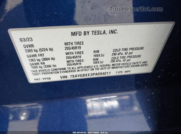 7SAYGDEE3PA094011 2023 TESLA MODEL Y Blue Շարժիչի բաժամունքի տեսք