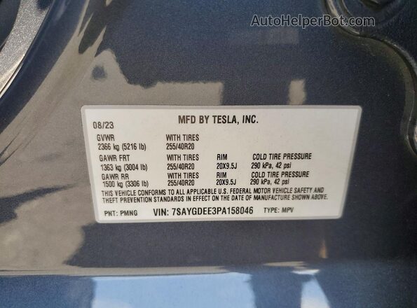 7SAYGDEE3PA158046 2023 TESLA MODEL Серый Вид наклейки с VIN-кодом