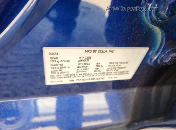 7SAYGDEE3RF068448 2024 TESLA MODEL Синий Вид наклейки с VIN-кодом
