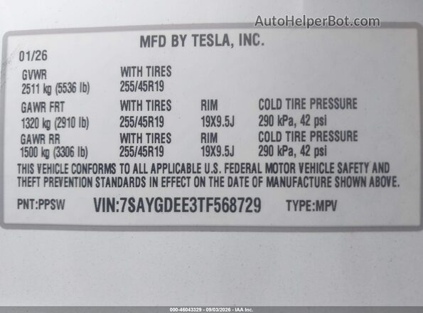 7SAYGDEE3TF568729 2026 TESLA MODEL Y White Engine compartment view