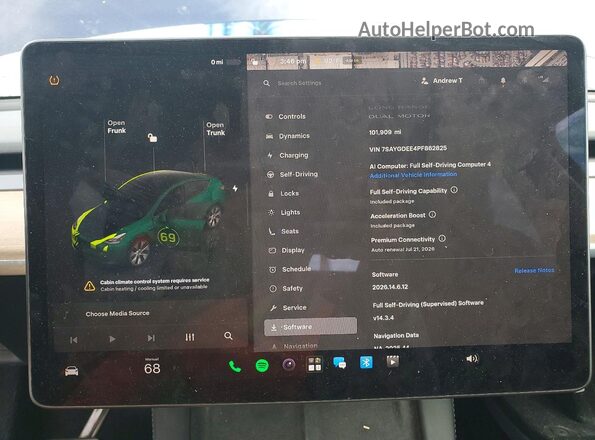7SAYGDEE4PF862825 2023 TESLA MODEL Blue ხელსაწყოთა პანელის ხედი