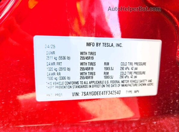 7SAYGDEE4TF342540 2026 TESLA MODEL Red Вид підкапотного простору