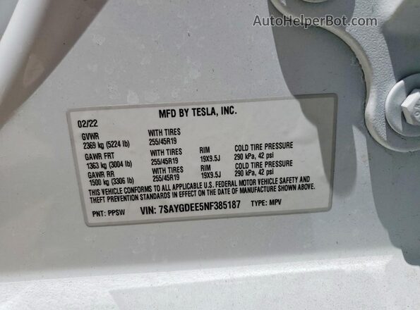 7SAYGDEE5NF385187 2022 TESLA MODEL White სალონის 360-გრადუსიანი ხედი