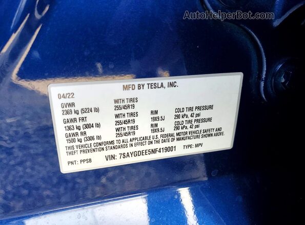 7SAYGDEE5NF419001 2022 TESLA MODEL Blue Engine compartment view