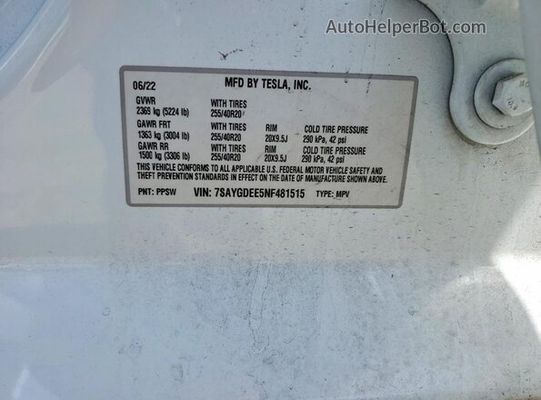 7SAYGDEE5NF481515 2022 TESLA MODEL White VIN sticker view