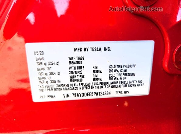7SAYGDEE5PA124884 2023 TESLA MODEL Red Vista de la etiqueta del VIN